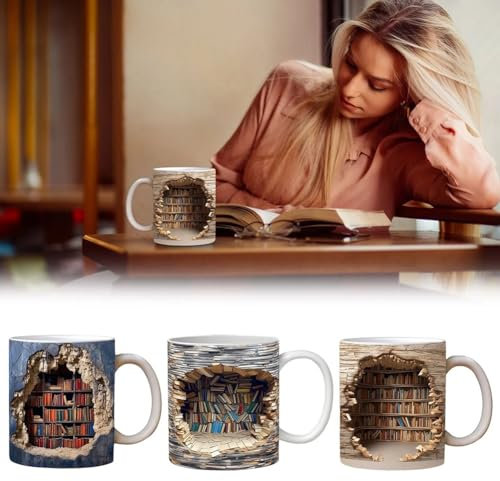 AVCULT Tasse De Bibliothèque 3D, Tasse À Café en Céramique De Livre,3D Mug De Bibliothèque, 3D Tasse D'étagère De Bibliothèque,Mug en Céramique Personnalisée, Mug Créative Cadeaux pour Lecteurs