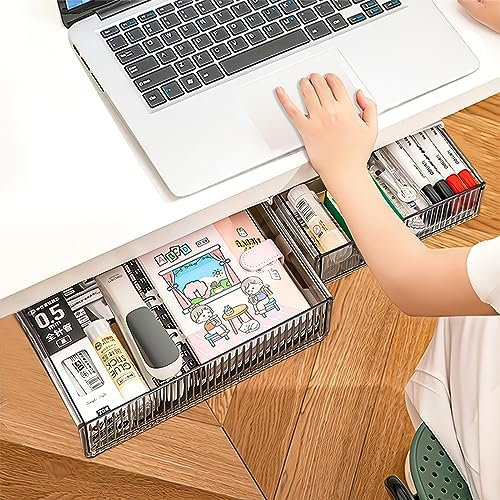 2 Stücke Selbstklebende Schublade,untertisch schublade, groß und mittelSchublade Unter Schreibtisch,Versteckte Schreibtischschublade Desktop Organizer Schubladenfach für Büro(Transparentes Schwarz)