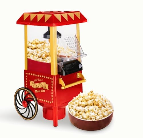 NK Palomitero Retro, Máquina de Palomitas de Maíz Eléctrica 1200W, Botón fácil de utilizar, Preparación listas en 2 minutos, Aire Caliente, Tamaño 0,3L, Portable, Ideal para Casa