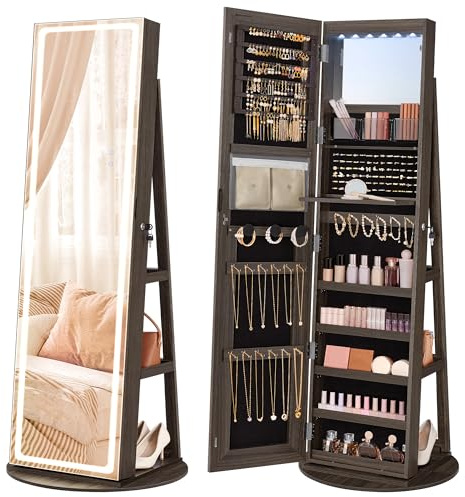 SONGMICS LED Jewelry Cabinet Standing, Lockable Armoire With Full-Length Mirror and Adjustable Lights, Space-Saving Organizer, Gift Idea, Ash Brown UJJC008K02