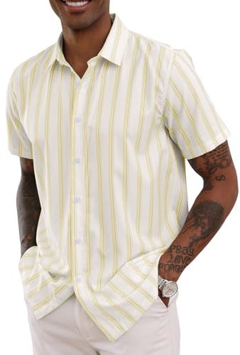 Men's Shirt Hawaiian Stripe Shirt Button Down Short Sleeve Shirt Casual Beach Summer Holiday Shirts Light Khaki 3XL