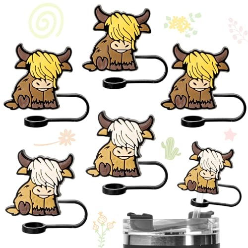 Whaline 6Pcs Highland Cow Straw Covers Cute Cow Portable Drinking Straws Tips Cover Reusable Farm Animal Straw Protector Topper for 0.4in Straws, Cup Accessories