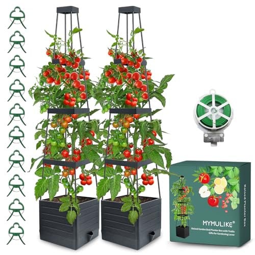 MYMULIKE Fioriera rialzata da giardino con traliccio, fioriera a gabbia per pomodori, aiuola rialzata con traliccio, per rampicanti, verdure, piante, gabbia per pomodori, auto-irrigazione, uso interno