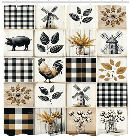 ABAKUHAUS Ferme Rideau de Douche, Motif Cottagecore À Carreaux Avec Feuilles Coq Cochon Moulin À Vent, Material Resistente al Agua Durable Estampa Digital, 175 cm x 200 cm, Marron Pâle Gris Anthracite
