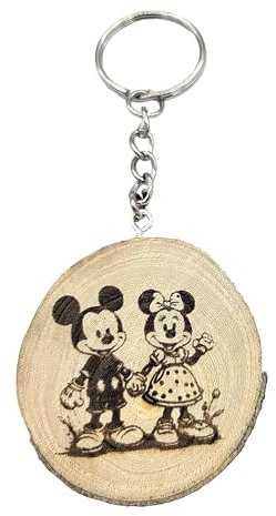 Promotech zauberhafter Mickey Mouse Laser-gravierten Naturholz-Schlüsselanhänger: Das ideale Geschenk für Erwachsene und Kinder! (Mickey & Minnie)
