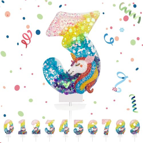 Geburtstagskerzen Zahlen 3,3D Regenbogen Einhorn Geburtstagskerzen,Kerzen Geburtstag Zahl 3, Kuchen Topper Dekoration Kuchendeko Geburtstag, Geburtstagskerzen für Geburtstagsdeko Mädchen Jungen