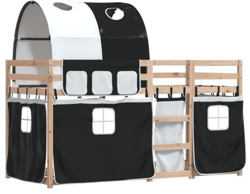 vidaXL Etagenbett, Kinderbett mit Vorhängen Leiter, Hochbett Spielbett für Kinder ab 6 Jahren, Doppel Stockbett Bett, Weiß Schwarz 90x190cm Massivholz Kiefer