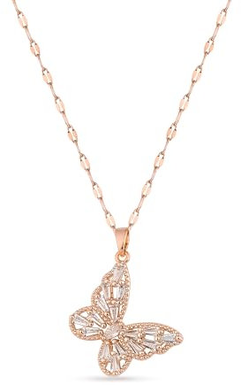 Einzelstück® Halskette mit Schmetterling Anhänger I Butterfly Sparkle I 18K Roségold vergoldet 304 Edelstahl Zirkonia Steine I Wasserfeste Kette I Antiallergen nickelfrei (Roségold)