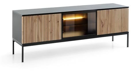 Emporius Haller TV Kommode Schwarz mit LED, Glas, Lamellen - TV Schrank, Fernseher Kommode, Lowboard 3-türig - 154 cm breit