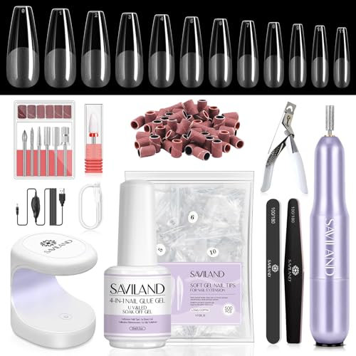SAVILAND Gel Nail Extension Kit with Drill: ALL-IN-1 Beginner Gels Nail Extension Kit,15ML Nail Glue Gel, 500 Pcs Long Coffin Tips, Mini Nail Lamp, Acrylic Nails Kit, Salon DIY Manicure Gift for Women