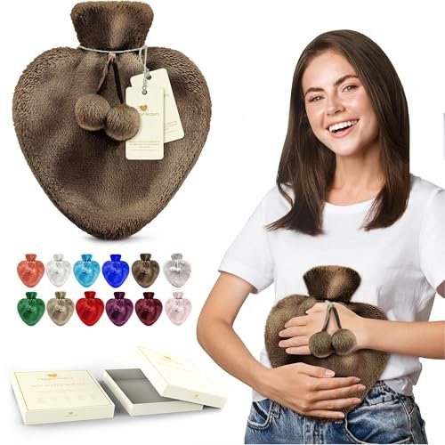 Happy Heaters Hot Water Bottle, 1L with Fluffy Cover - Ideal for Period, Back & Neck Pain - Brown, UK Perfect for Women, Seniors & Children