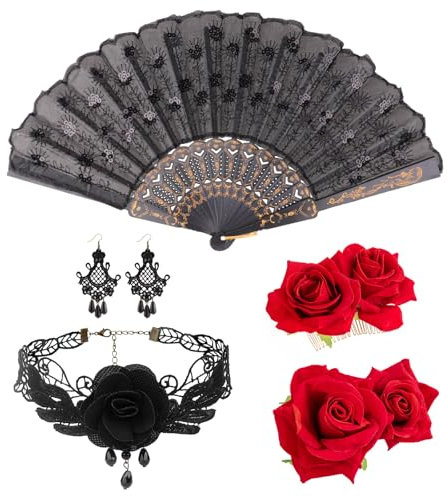 DRESHOW Pinza Para el Pelo con Flor de Rosa Tela Ahuecada Juego de Abanico Plegables Accesorios para el Cabello para Mujer Bailarina de Flamenco