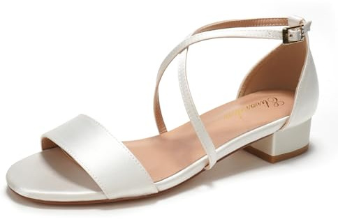 Elivandon J1584 Mujer Satén Tacón Bajo Noche Sandalias Open Toe 3cm Bloque Tacón Satén Zapatos de Tacón Noche Fiesta Nupcial Novia Boda Color Marfil,Tamaño 38 EU
