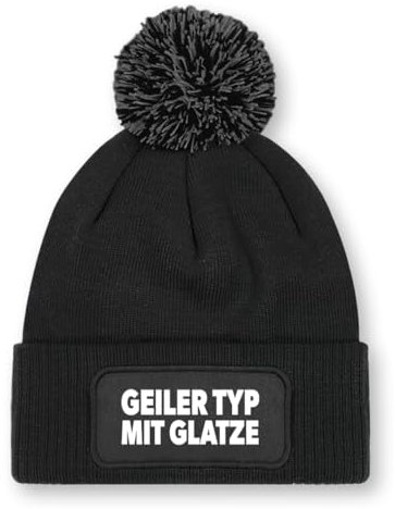 Prozente Momente Geiler Typ mit Glatze – Beanie mit Bommel | Strickmütze | Wollmütze | Beanie mit Druck | lustige Sprüche | Apres-Ski | Winter | Schwarz