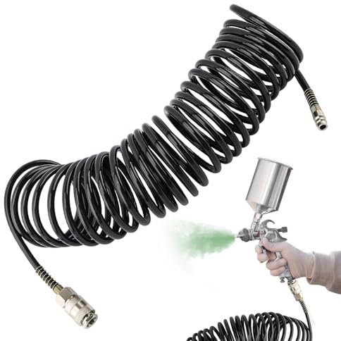 Air Compressor Hose Polyurethane Recoil,7.5m Air Line Hose Compressor Tool,with 1/4 Europe Quick Coupler and Plug,5mm IDx8mm OD with Bend Restrictor,PE Air Hose Pipe,Fitting Standard Euro Connections