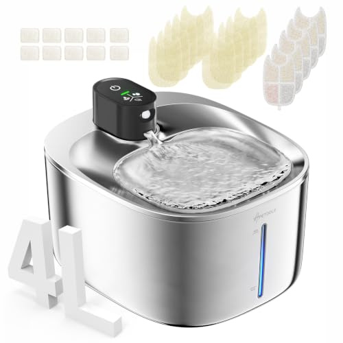 APD APETDOLA Fuente de agua para gatos de acero inoxidable, 4,5 L, inalámbrica, para mascotas, cuenco de agua automático para gatos y perros con sensor de movimiento, fuente de agua filtrada