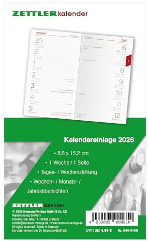Zettler Kalenderersatzeinlage TP 1W/1S 2026 – Ersatzkalendarium 9 × 15 cm für Taschenplaner Typ 540, 64 Blatt, 1 Woche auf 1 Seite, Sonn- & Feiertage, Wochenzählung, Sonnenzeiten, geheftet, FSC