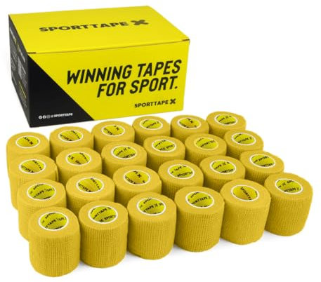 SPORTTAPE 24 Rolls Football Sock Tape, 5cm x 4.5m, Yellow - Self-Adhesive Cohesive Bandage, Compression Wrap & Sports Stretch Tape for Ankles, Joints, Socks, Vet and Pet Wrap for Dogs and Horses