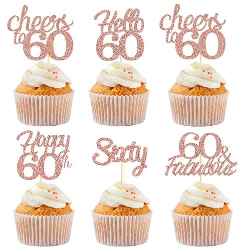Sotpot 60th Birthday Cupcake Toppers Rose Gold Glitter 30 Pack 60 Fabulous Cheers to 60 Cupcake Decorations for 60th Birthday Party Supplies