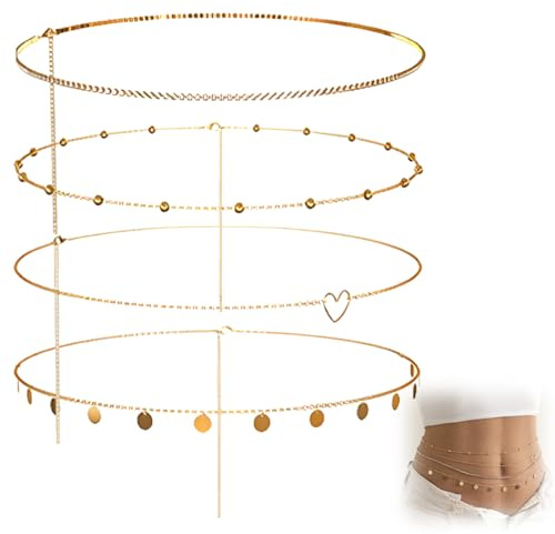 NHQZ 4 Stück Bauchkette,Boho Body Chain Geschichtete BauchketteVerstellbare Sexy Bikini Taillenkette Sommer Taillenschmuck für Frauen Mädchen(Gold)