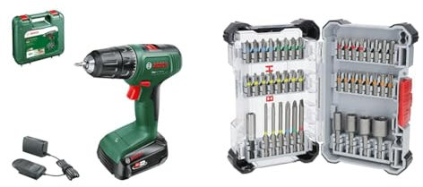 Bosch Akkuschrauber EasyDrill 18V-38 (1 Akku 2,0 Ah, 18 Volt System, im Koffer) + 43x Extra Hard Schrauberbit-Set, 43‑tlg. (197 x 110,5 mm, Professional Zubehör Schraubendreher, Bohrschrauber)