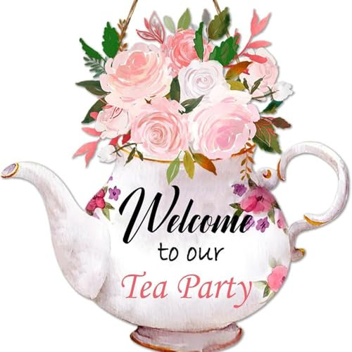 Tea Party Decorations Door Sign, Colorful Floral Door Hanging, Welcome English Tea Cups and Roses Wreath Sign, Farmhouse Porch Decorations for Porch, Garden 10.8x10.8