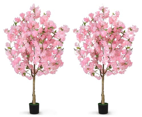 2 Pack Artificial Cherry Blossom Tree Fake Plants Faux Sakura Flowers, 4FT | for Indoor Living Room Home House Entryway Bedroom Office Inside Decor Decorations