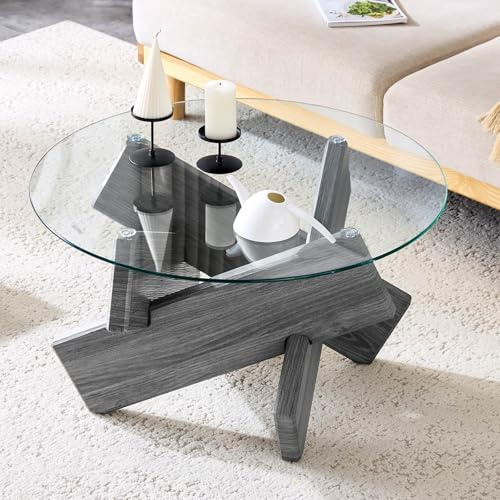 PUGSDRLY Table Basse Ronde 79x79x45cm, Plateau en Verre trempé, Cadre croisé, Design épuré et Tendance, Idéale pour Appartement, Salon ou Petits espaces (Gray)