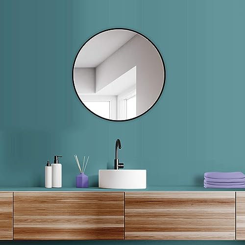 HOKO® Design Wandspiegel rund 60 cm mit Metall Rahmen Matt Schwarz. Runder Design Spiegel für Bad, Flur, Schlafzimmer. Designspiegel mit Rahmen für das Wohnzimmer.