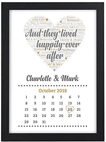 Beecreative Personalised Wedding Gifts for Bride & Groom - Custom Calendar Print with Names and Date of Wedding - Personalised 'And They Lived Happily Ever' Wedding Present Keepsake