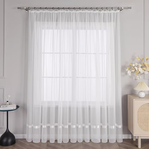 Joyswahl Voile Gardine transparenter Vorhang mit Satinband Design »Maja« Schals Fenster Vorhänge mit Kräuselband BxH 300x245cm Weiß 1er Pack
