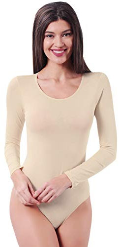 VEDATS Damen Body Langarm Rundhals Top Unterhemd Bodysuit (M, Hautfarben)