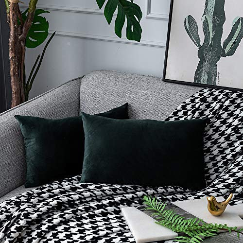 UPOPO 2er Set Samt Kissenbezug Dekorative Einfarbig Kissen Weich Kissenhülle Kissenbezüge Dekokissen Zierkissen Sofakissen für Couch Schlafzimmer Wohnzimmer mit Reißverschlüsse 30 X 50cm Dunkelgrün