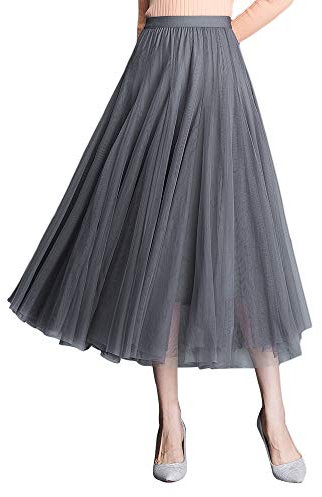 Damen Tüllrock Midi Faltenrock 78cm Länge Hoher Bund Schick Rock Elastisch Taille Drapiert Stoff, Grau