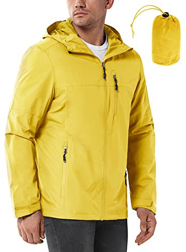 33,000ft Regenjacke Herren Wasserdicht Outdoorjacke Leichte Freizeitjacke Packbare Windjacke Fahrrad Regenmantel mit Kapuze Gelb L