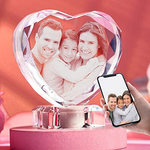 VEELU Personnalisé Photo En Verre Cristal, LED Lumière avec Gravé Photo Personnalisable Coeur Cadre Photo Cube Avec Base, Personnalisé Cristal Cadeau Fête des Mères Homme Femmes