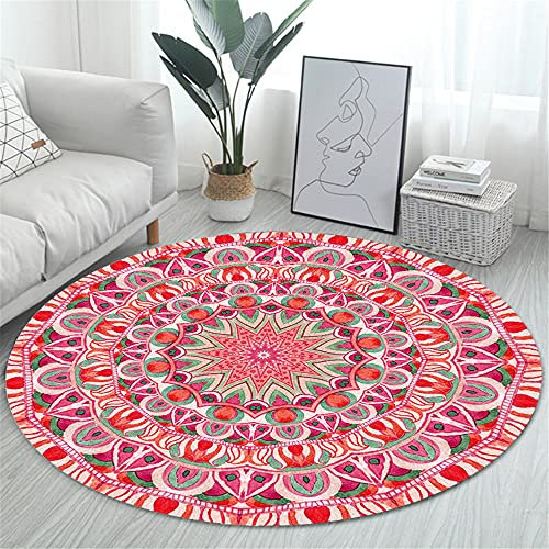 Tapis Rond Lavable en Machine, Morbuy Style Nordique Interieur Anti Slip Chambre à Coucher Salon Tapis d'Entrée Absorbant Antidérapant - Imprimé Mandala Rouge (Rose,60cm)