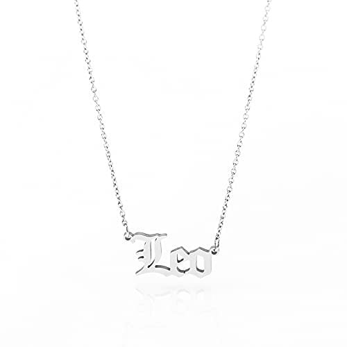Minegreet Old English Zodiac Necklace for Women, Horoscope Birth Star Sign Letter Astrology Constellation Necklace Birthday Gift (Leo-Silver)