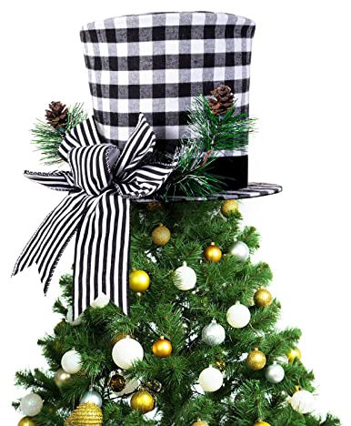 URMAGIC 32cm Foldable Plaid Top Hat Angel Christmas Tree Topper with Bow