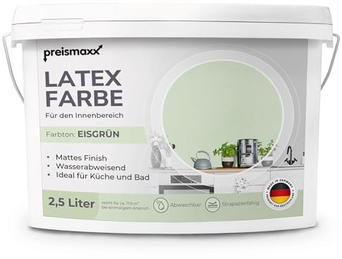 Preismaxx Latexfarbe Eisgrün abwaschbar hohe Deckkraft Wandfarbe matt 2,5l | Abwischbar Küche, Bad, Flur, Treppenhaus Kinderzimmer, strapazierfähig, flecken entfernen leicht zu reinigen hohe Deckkraft