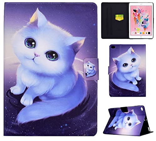 Vaitasy Hülle Kompatibel mit iPad 9.7 (2018/2017) iPad Air 2/ iPad Air, Multi-Winkel Folio Schutzhülle mit Ultra Dünn Vollschutzhülle iPad 6/5 Generation - Weiße Katze