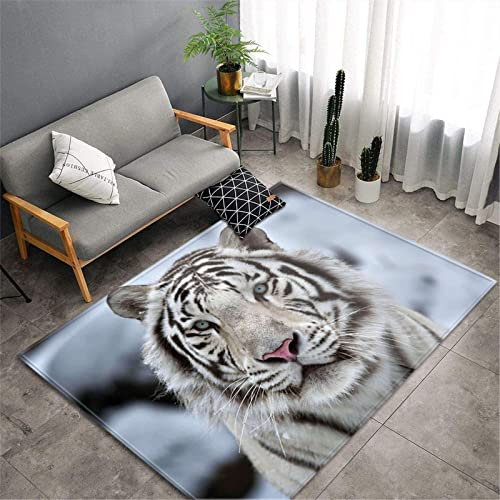 Chickwin Teppiche Groß für Wohnzimmer, 3D Tier Muster Moderne Teppich Flauschig Weiche Anti Rutsch Unterseite Teppiche für Kinderzimmer Schlafzimmer Küche (80x120cm,Weiß Tiger)