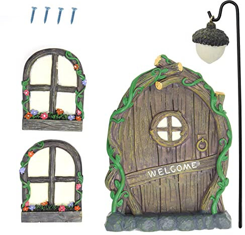 VGOL 4er Set Feentür und Fenster mit Lampe Glow in the Dark Miniatur Fenster Mini Yard Harz Outdoor Ornament für Bäume Feengarten Outdoor Dekoration