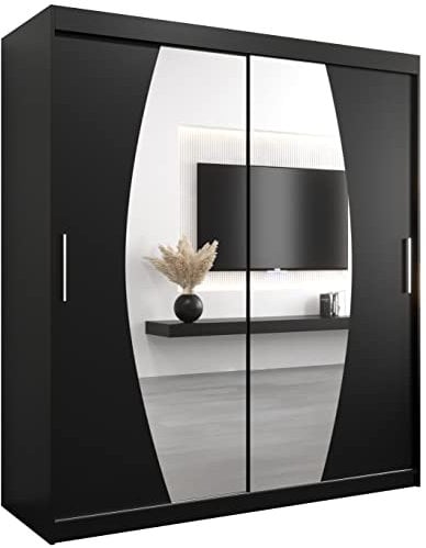 MEBLE KRYSPOL Elypse 180 Schlafzimmerschrank mit Zwei Schiebetüren, Spiegel, Kleiderstange und Regalen – 180x200x62cm - Mattschwarz