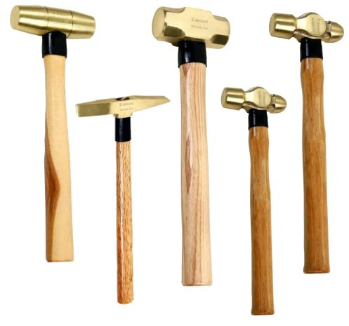 WEDO 5-teiliges Messinghammer Set,Kugel Pein Hammer 450g+900g,Vorschlaghammer 1350g,Schweißhämmer 315g,Stemmhammer 675g,Ergonomischer Holzgriff,Korrosionsschutz Abbruchhammer