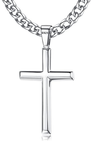 Krfy 925 Silber Kreuz Anhänger Halskette für Männer Damen mit 5mm Durable Edelstahl Diamant-Cut Figaro oder Curb Kette Halskette 18K Weißgold überzogene Kreuz Anhänger Halskette für Herren 18-30 Zoll