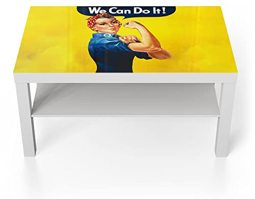 DEQORI Glastisch | weiß groß 90x50 cm | Motiv Rosie die Nieterin | ausgefallener Beistelltisch aus Glas | Hochglanz Couchtisch fürs Wohnzimmer | moderner Couch Tisch mit Design