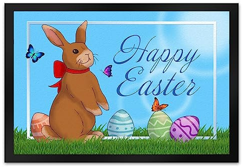 speecheese Happy Easter Fußmatte XL in 40x60 cm mit Osterhasen und bunten Ostereiern als Klassische Dekoration zur Frühlingszeit für die Haustüre für alle die Hasen und Schokoladeneier mögen