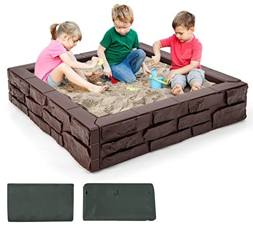 COSTWAY Kids Sandbox, 120 x 120cm Sandpit with Cover, Bottom Liner, Weather Resistant Outdoor Sand Play Station for Backyard Garden Beach (Brown)