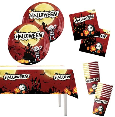 Set da tavola per feste di Halloween, 16 ospiti, set di stoviglie usa e getta per Halloween, tovaglia in plastica, piatti di carta, tovaglioli, bicchieri di carta, decorazioni per feste di Halloween,